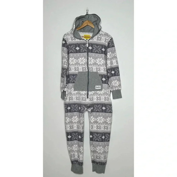 Tipsy Elves Gray Snowflake Hooded Onesie Jumpsuit Size Small - Picture 1 of 12